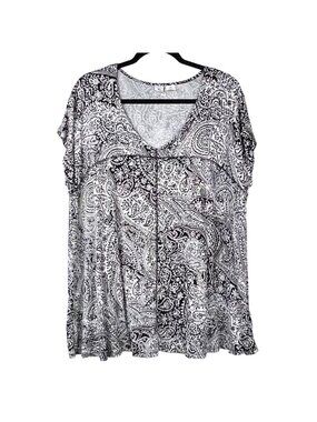 Artisan NY Babydoll Style Top Plus Size 1X Black & White Paisley V-Neck VGUC